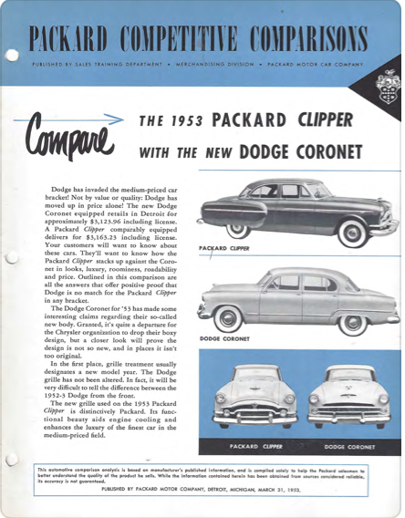1953 Clipper and Dodge Coronet Comparison Image