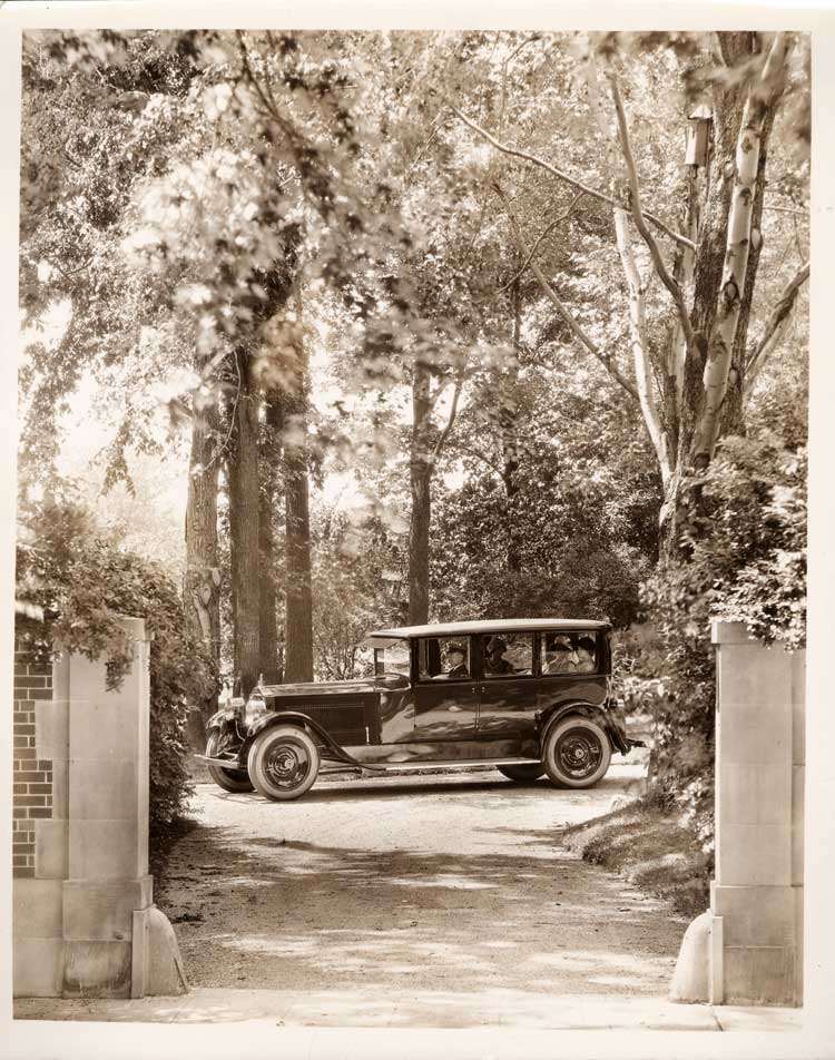 1924 Packard sedan at entrance to Newberry home in Grosse Pointe, Mich.