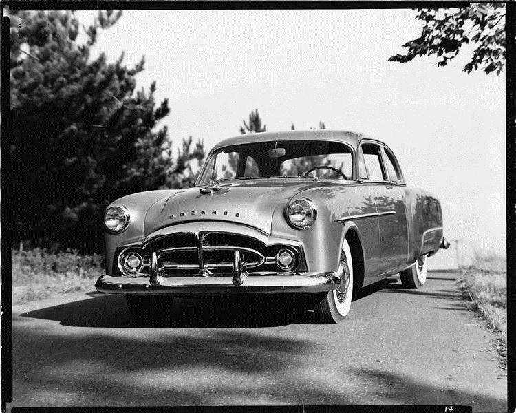 1951 Packard sedan, front view, parked on hill