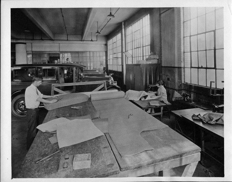 Packard Motor Car Co. upholstery cutting room, 1927